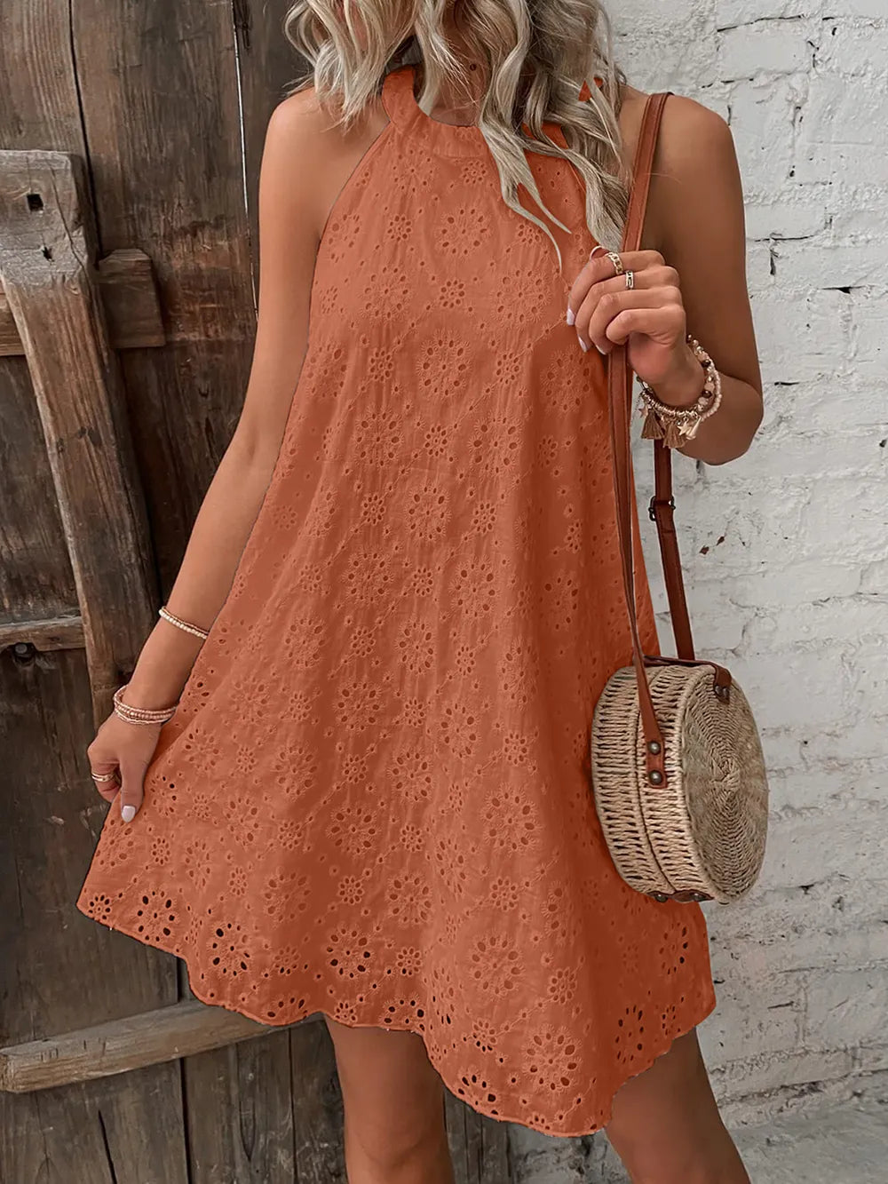 Fashorio Mini Dresses Caramel / S Eyelet Grecian Neck Mini Dress