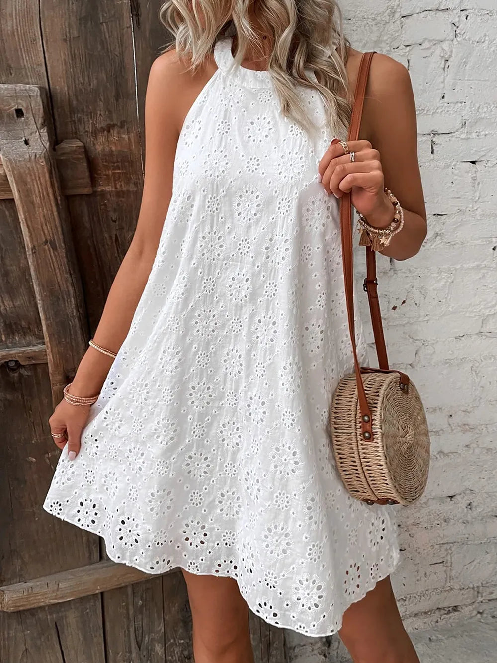 Fashorio Mini Dresses Eyelet Grecian Neck Mini Dress