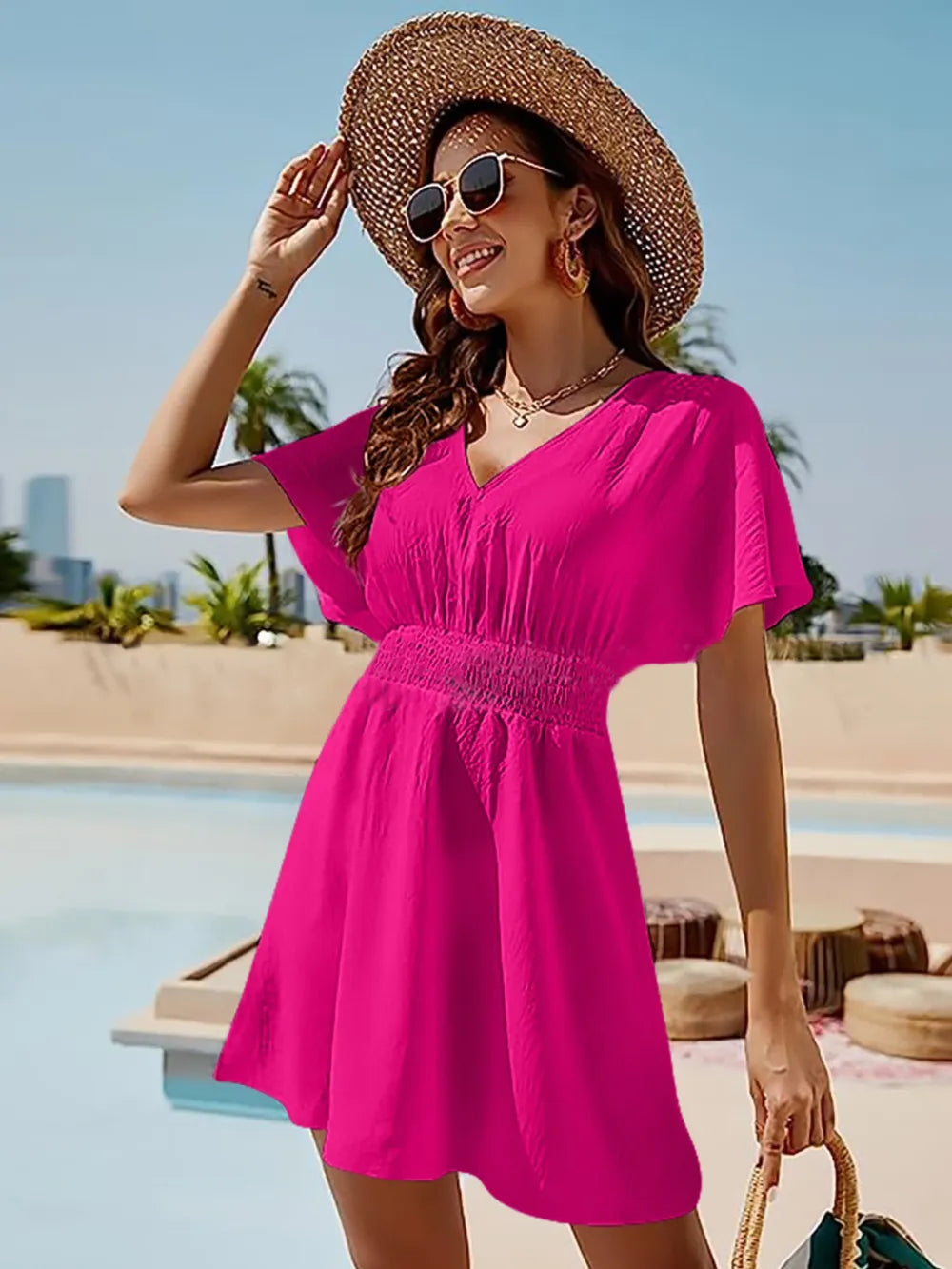 Fashorio Mini Dresses HOT PINK / S Smocked V-Neck Mini Dress with Short Sleeves & Side Slit