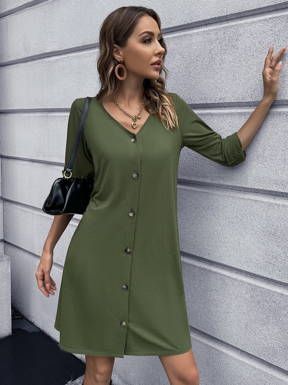 Fashorio Mini Dresses Matcha Green / S Ivy Lane Button Down V-Neck Mini Dress