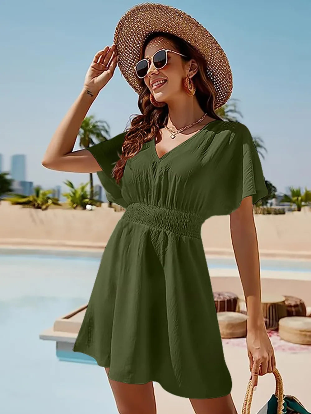 Fashorio Mini Dresses Matcha Green / S Smocked V-Neck Mini Dress with Short Sleeves & Side Slit