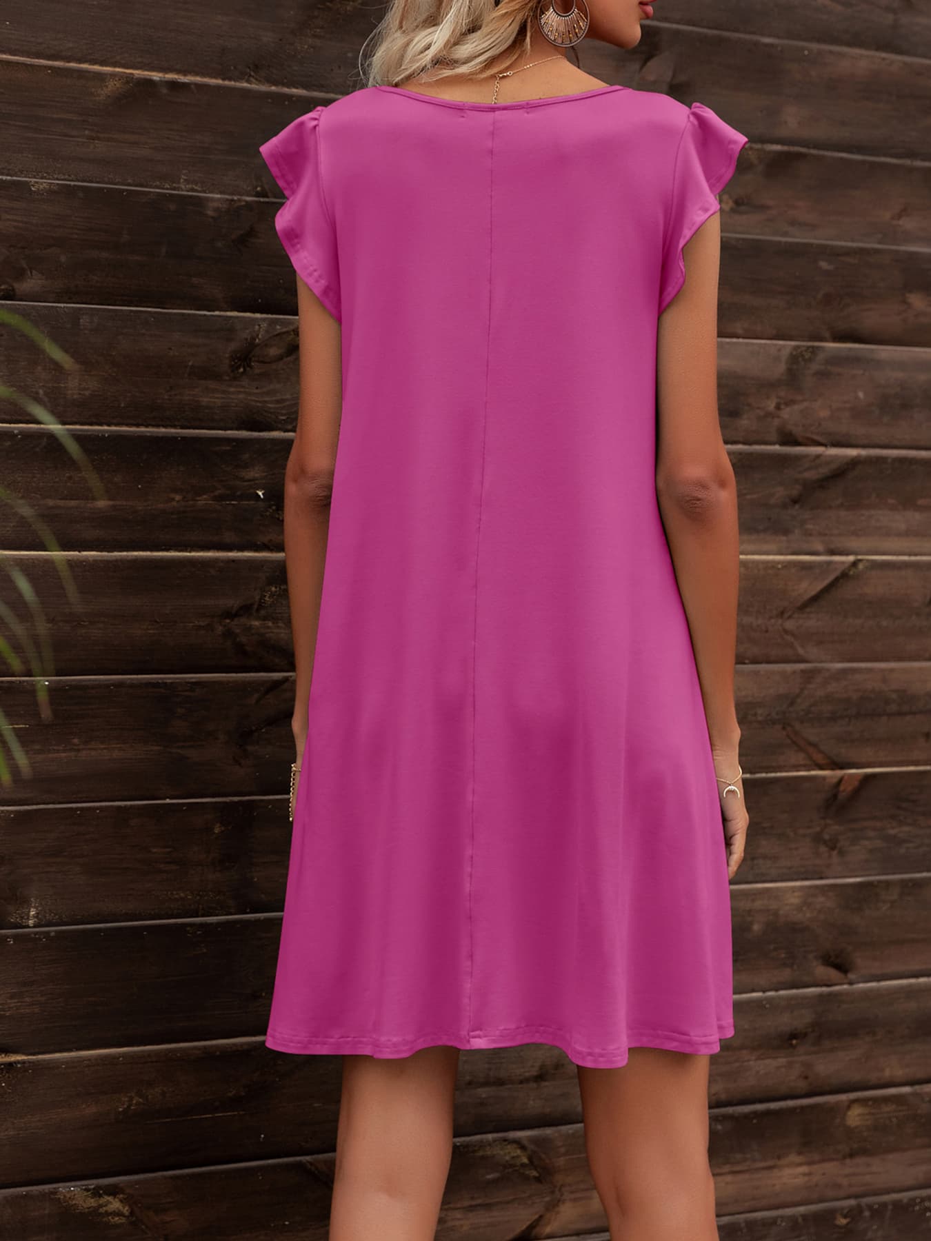 Fashorio Mini Dresses Round Neck Mini Dress with Flutter Sleeves & Pockets – Casual Fit