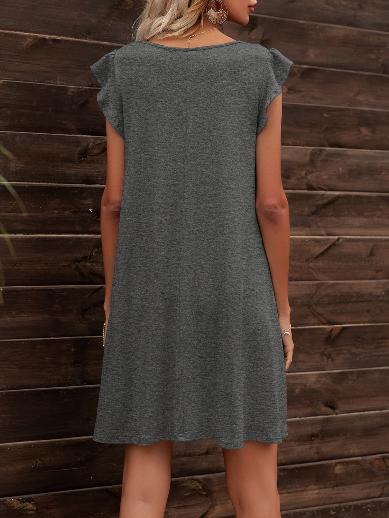 Fashorio Mini Dresses Round Neck Mini Dress with Flutter Sleeves & Pockets – Casual Fit