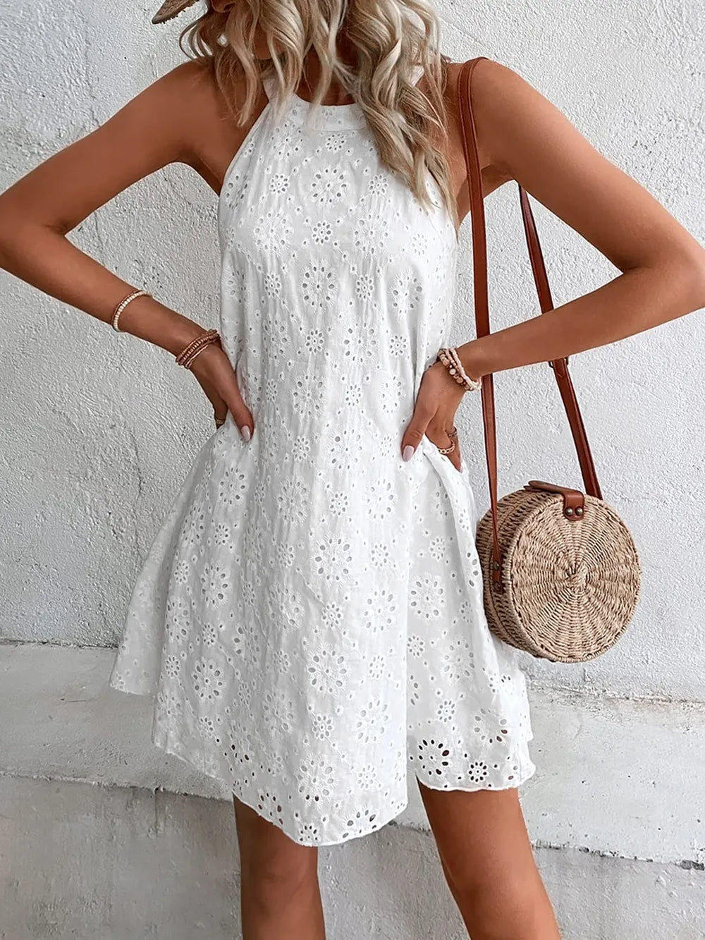 Fashorio Mini Dresses White / S Eyelet Grecian Neck Mini Dress