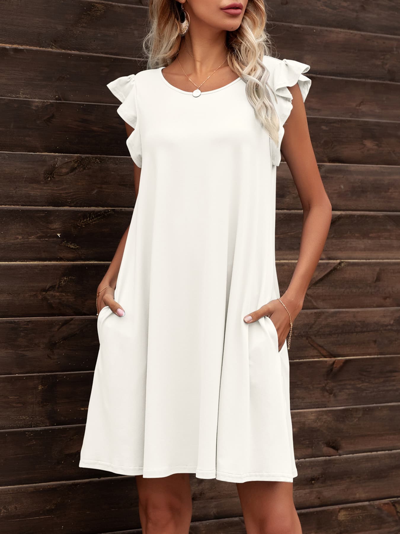 Fashorio Mini Dresses White / S Round Neck Mini Dress with Flutter Sleeves & Pockets – Casual Fit