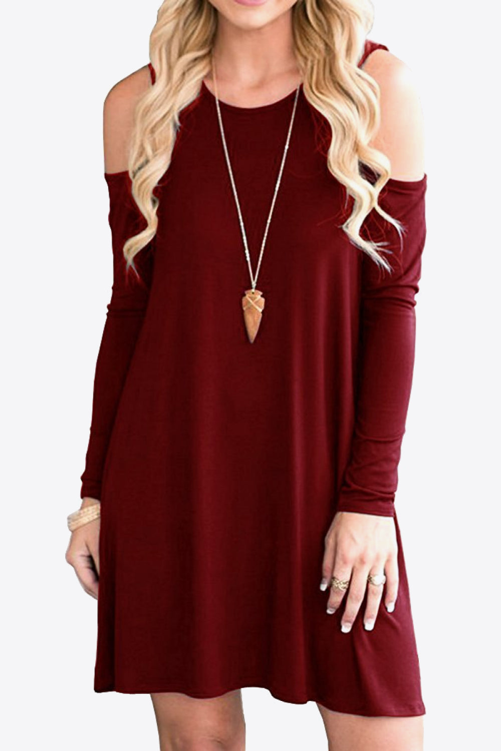 Fashorio Mini Dresses Wine / S Cold-Shoulder Long Sleeve Mini Dress – Casual Round Neck Style