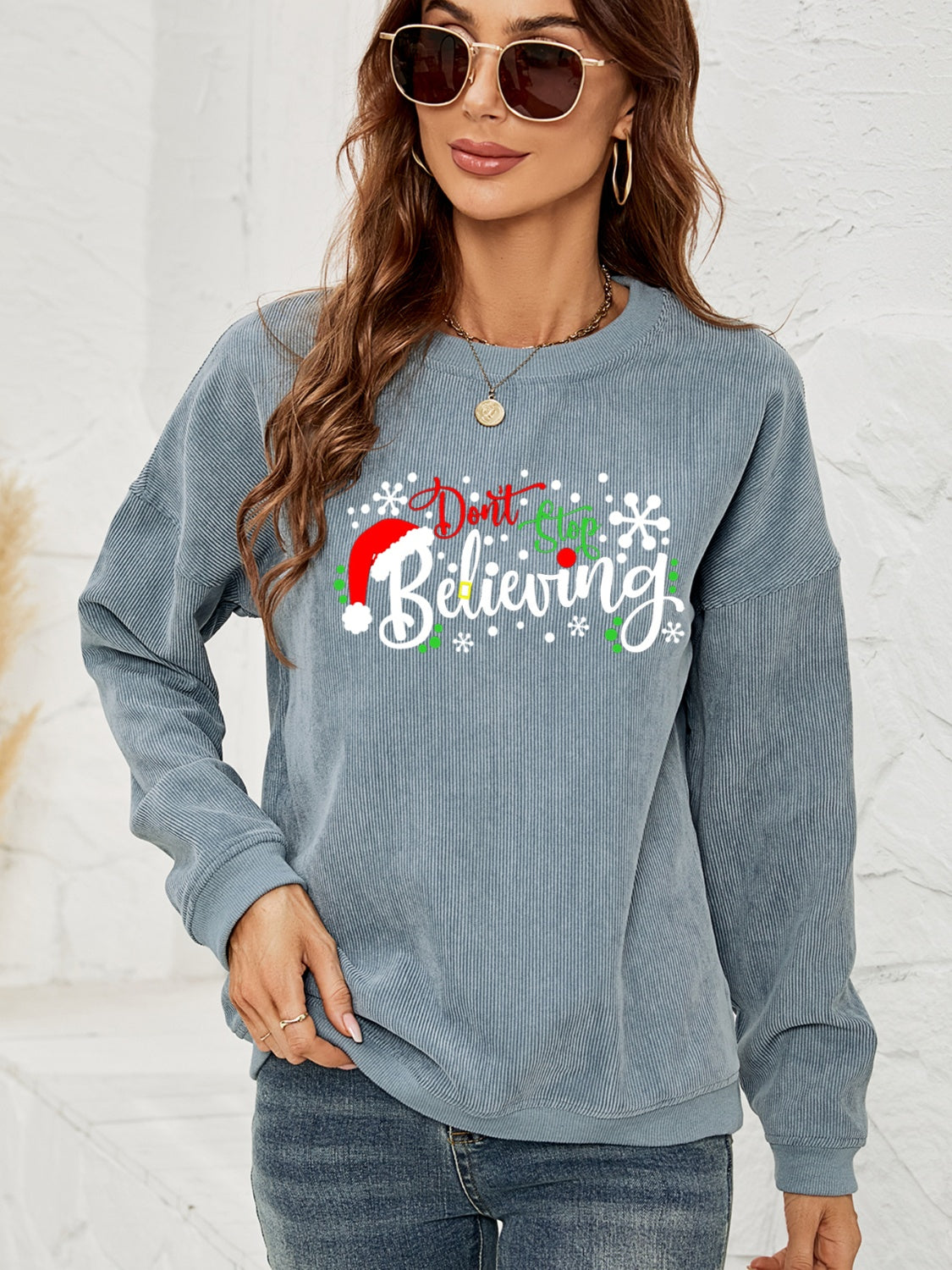 Fashorio Misty  Blue / S DON'T STOP BELIEVING Graphic Sweatshirt