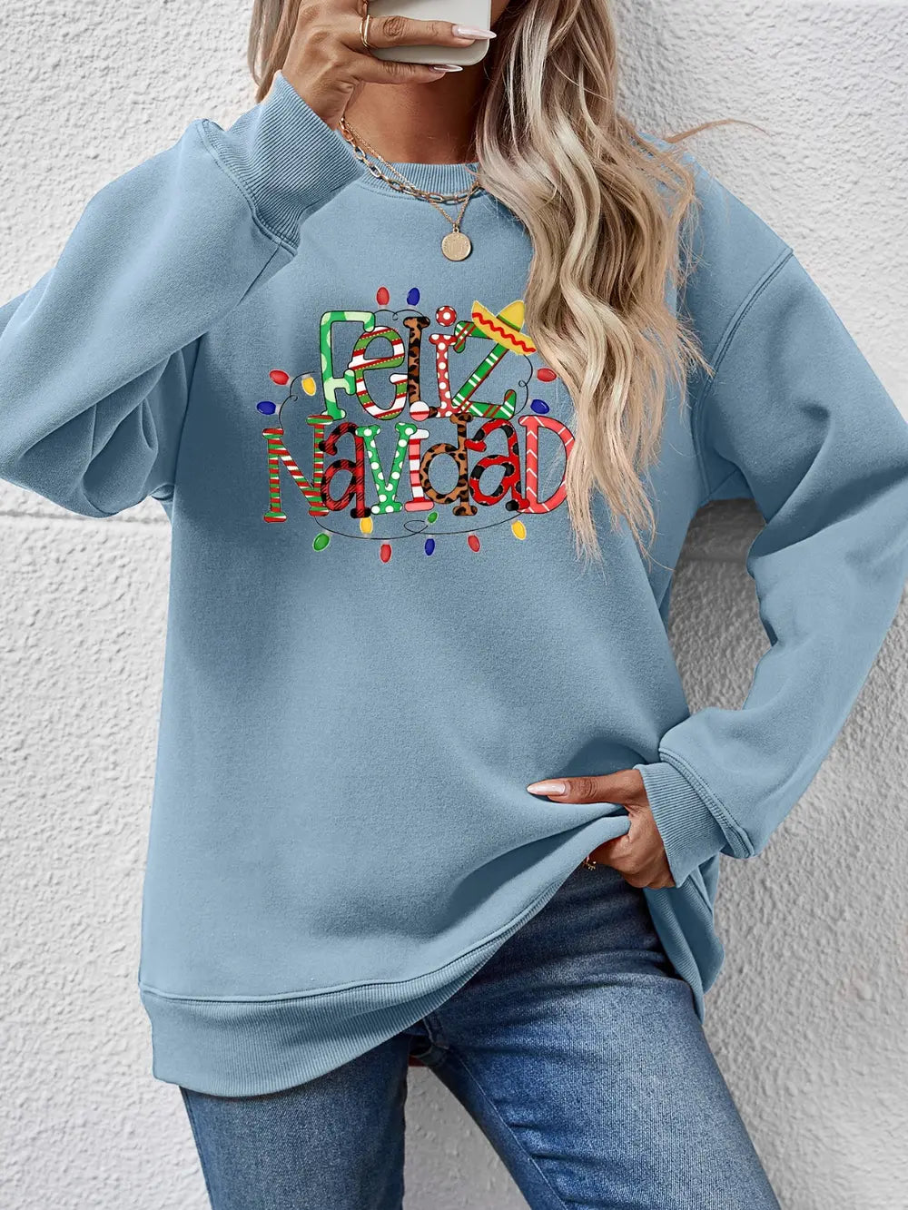 Fashorio Misty  Blue / S FELIZ NAVIDAD Round Neck Drop Shoulder Sweatshirt