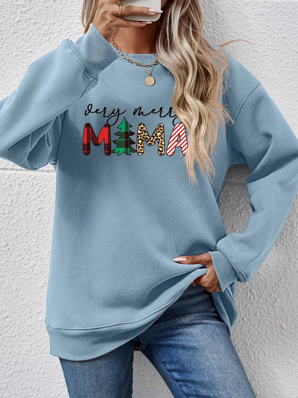 Fashorio Misty  Blue / S Letter Graphic Round Neck Long Sleeve Sweatshirt