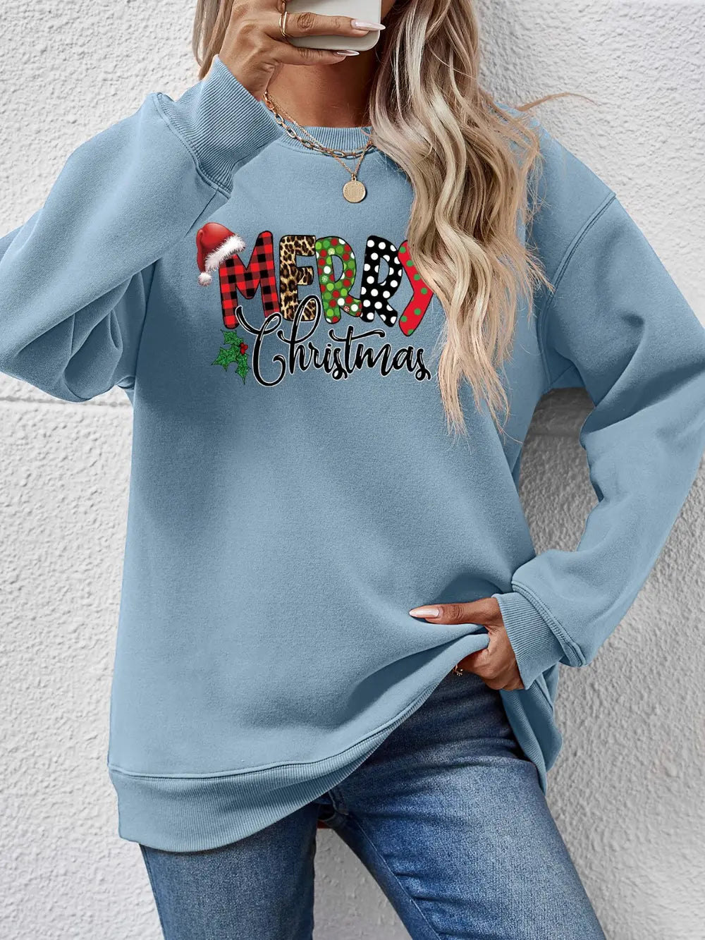 Fashorio Misty  Blue / S MERRY CHRISTMAS Round Neck Dropped Shoulder Sweatshirt