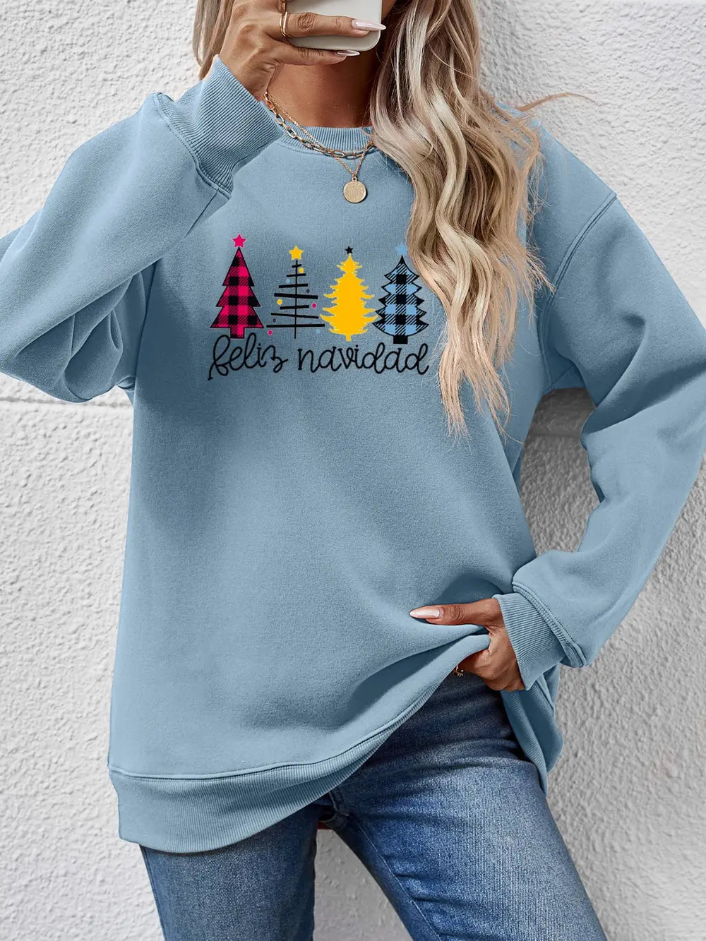 Fashorio Misty  Blue / S Round Neck Graphic Long Sleeve Sweatshirt