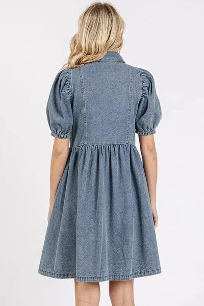 Mittoshop Button Down Puff Sleeve Denim Dress - Fashorio