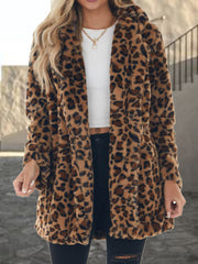 Fashorio Mocha / S Leopard Collared Neck Coat with Pockets