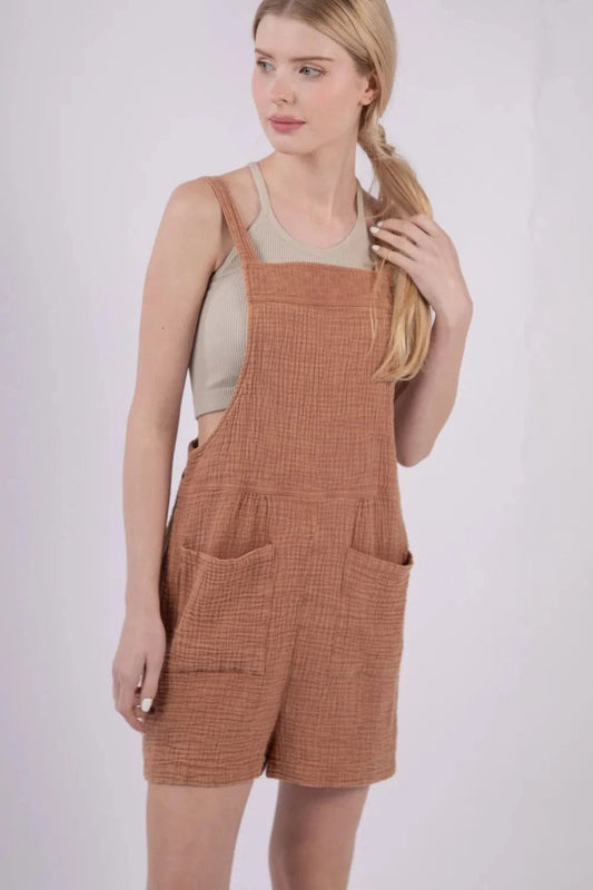 VERY J Sleeveless Double Gauze Overalls with Pockets Mocha - Fashorio