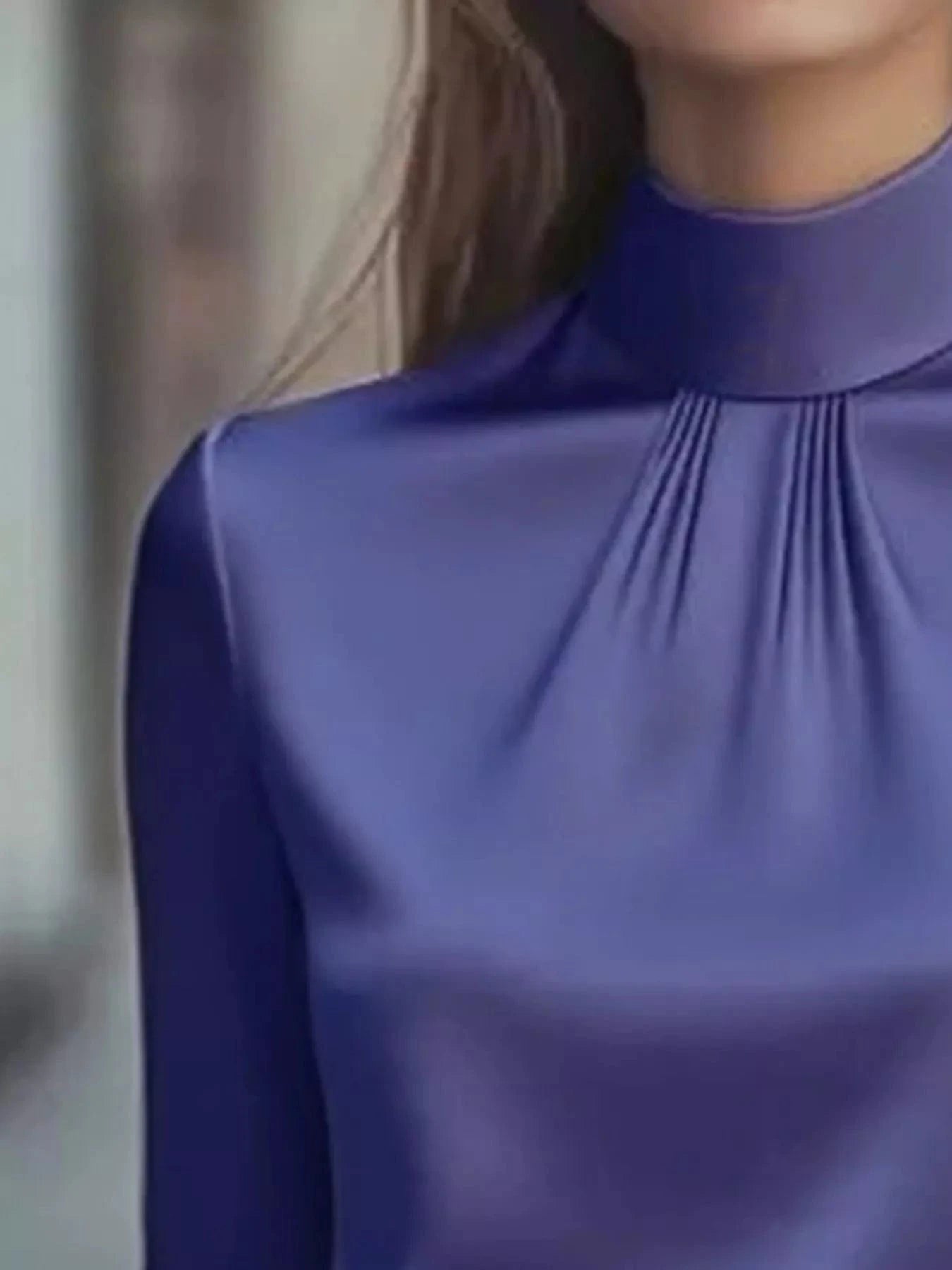 Mock Neck Long Sleeve Blouse with Pleated Detail - Fashorio