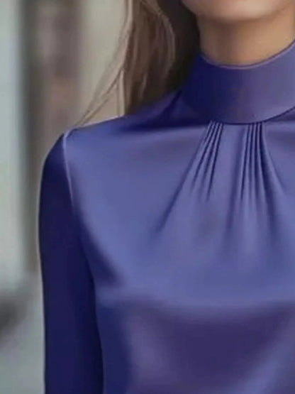 Mock Neck Long Sleeve Blouse with Pleated Detail - Fashorio