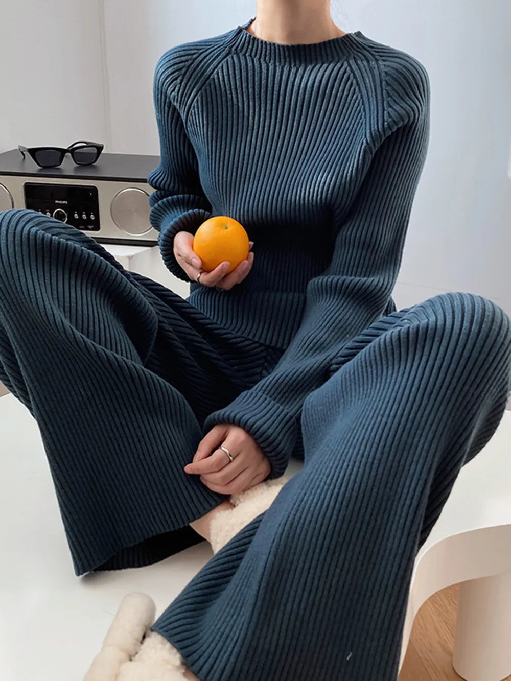 Fashorio Mock Neck Raglan Sleeve Top and Pants Sweater Set