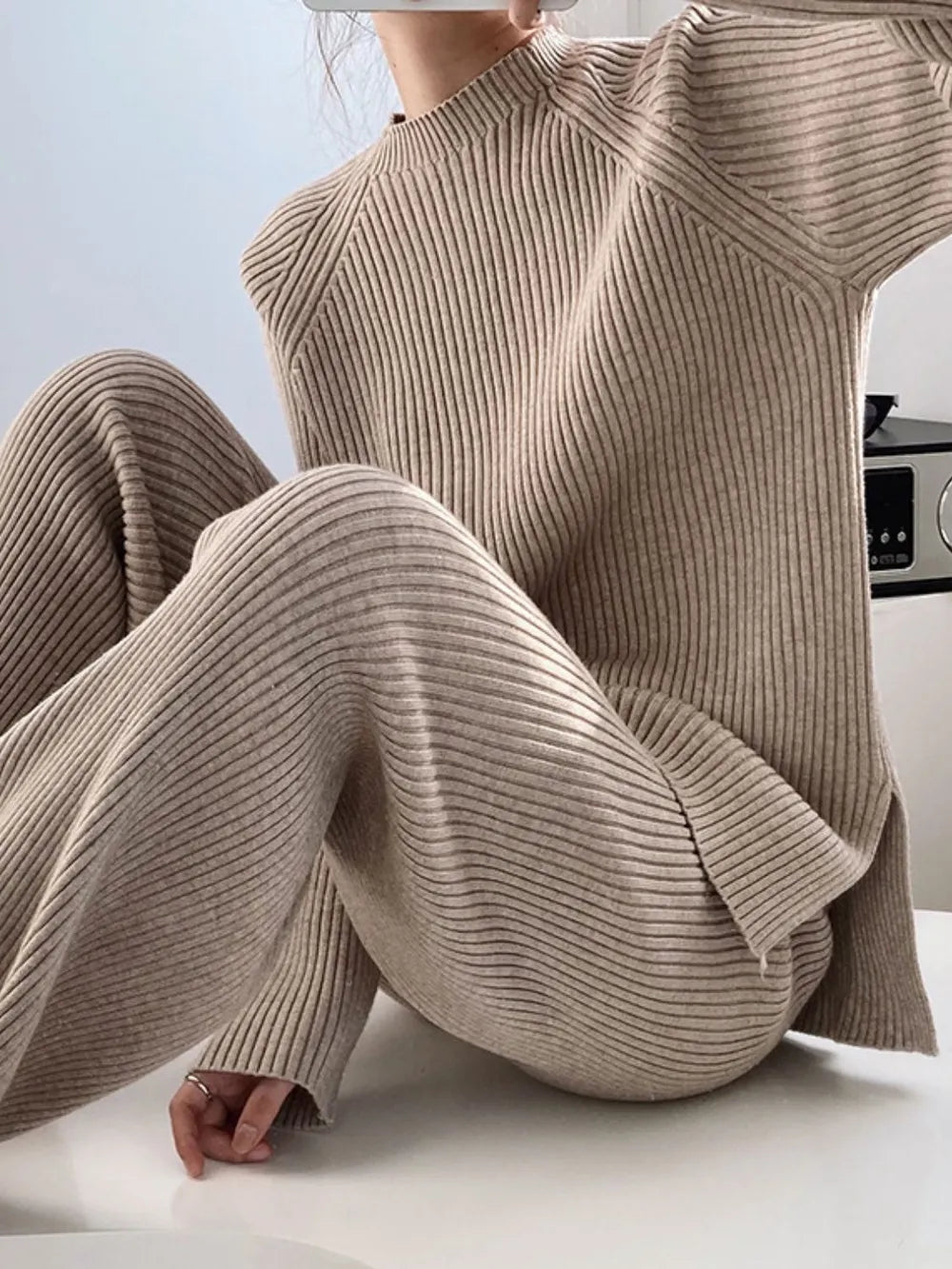 Fashorio Mock Neck Raglan Sleeve Top and Pants Sweater Set