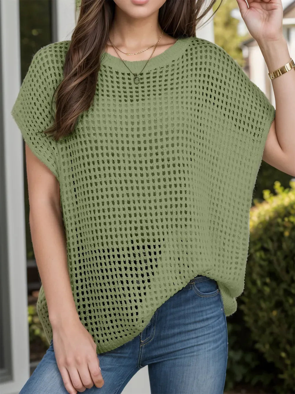 Fashorio Moss / S Openwork Round Neck Short Sleeve Cover-Up