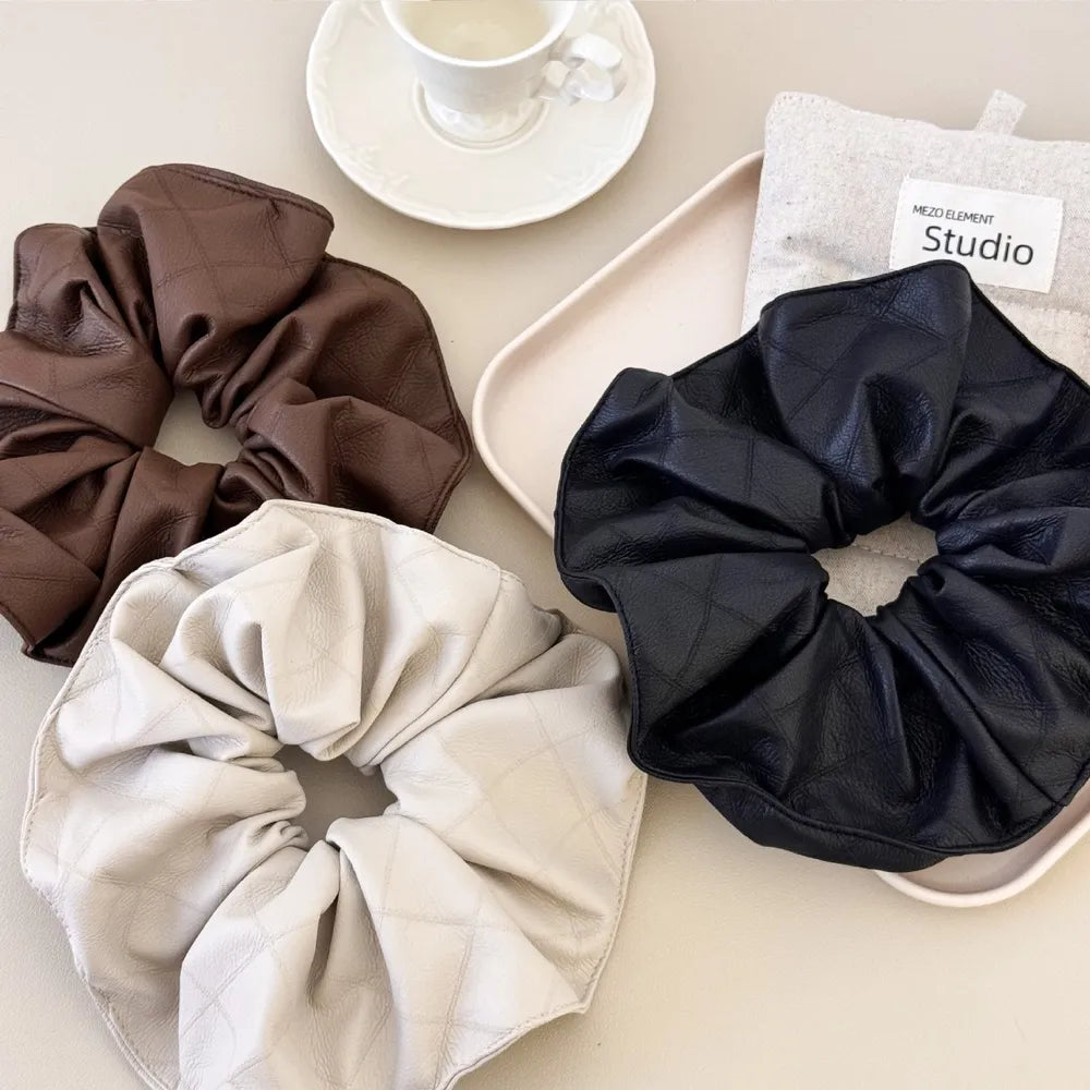 Fashorio Multi / One Size 3-Piece PU Leather Elastic Hair Scrunchy