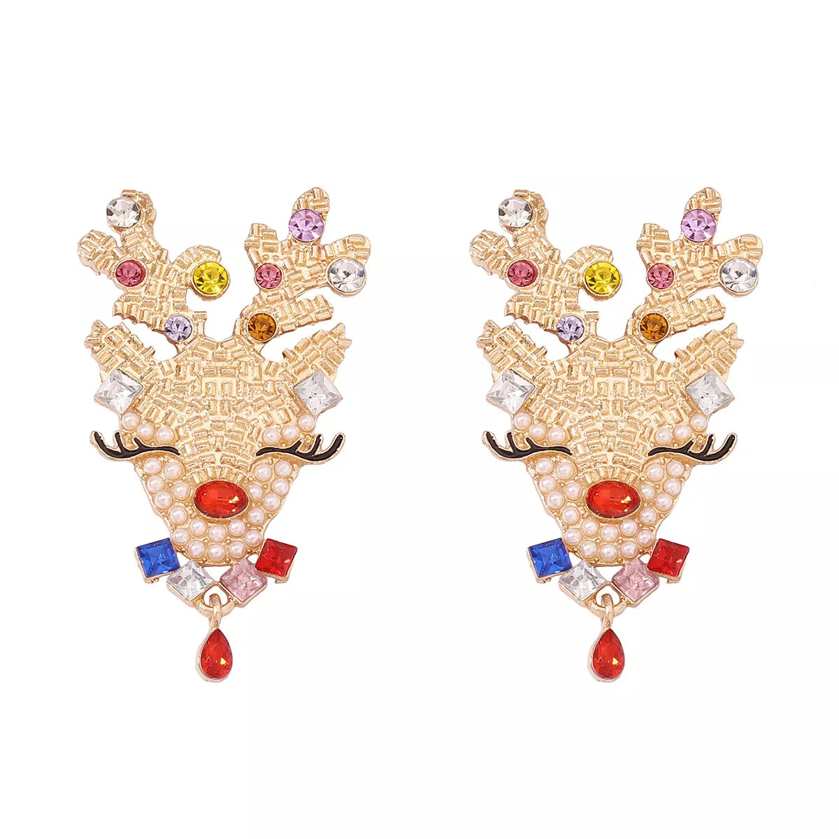 Fashorio Multicolor / One Size Christmas Reindeer Earrings with Colorful Rhinestones