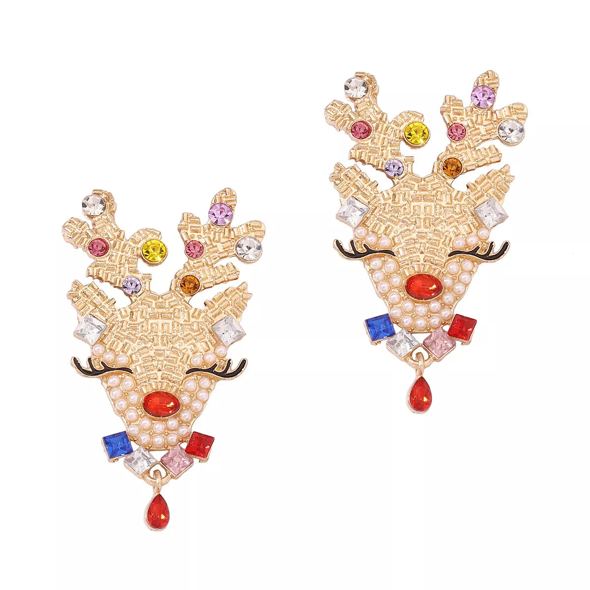 Fashorio Multicolor / One Size Christmas Reindeer Earrings with Colorful Rhinestones