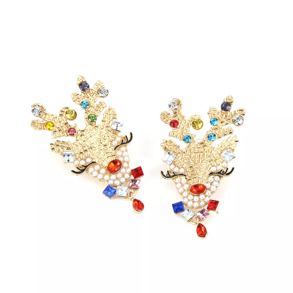 Fashorio Multicolor / One Size Christmas Reindeer Earrings with Colorful Rhinestones