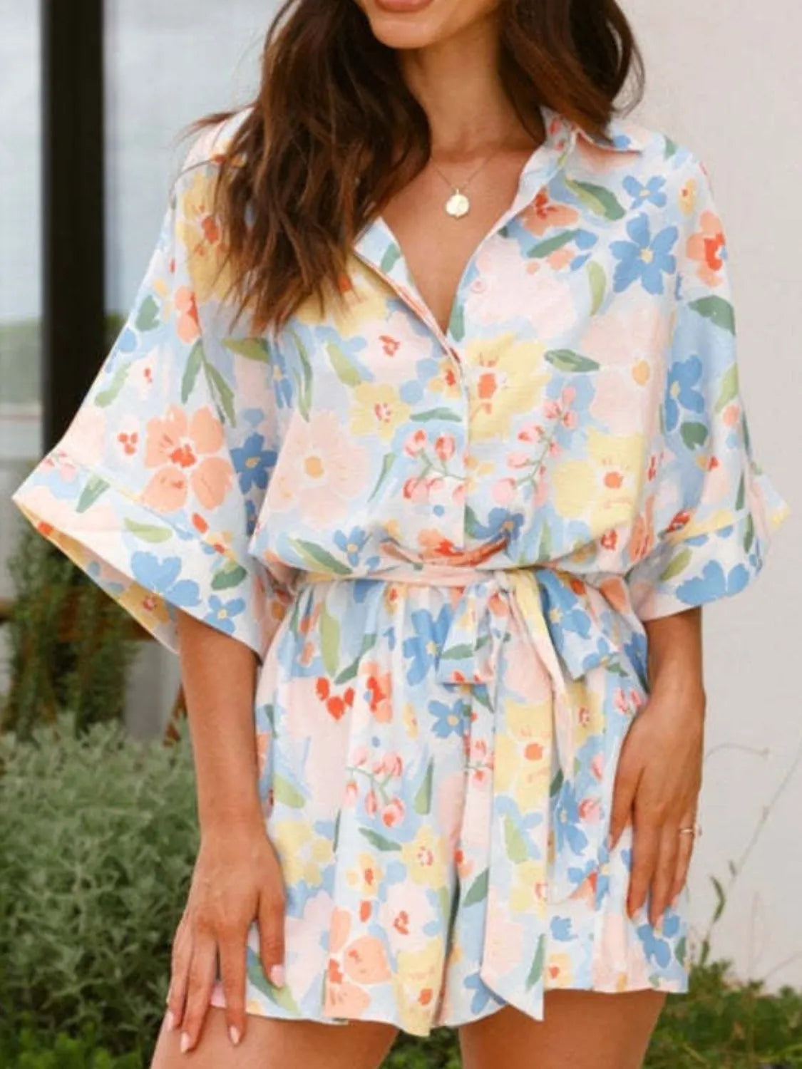 Fashorio Multicolor / S Printed Half Sleeve Tie Waist Romper