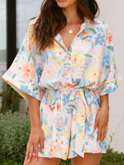 Fashorio Multicolor / S Printed Half Sleeve Tie Waist Romper