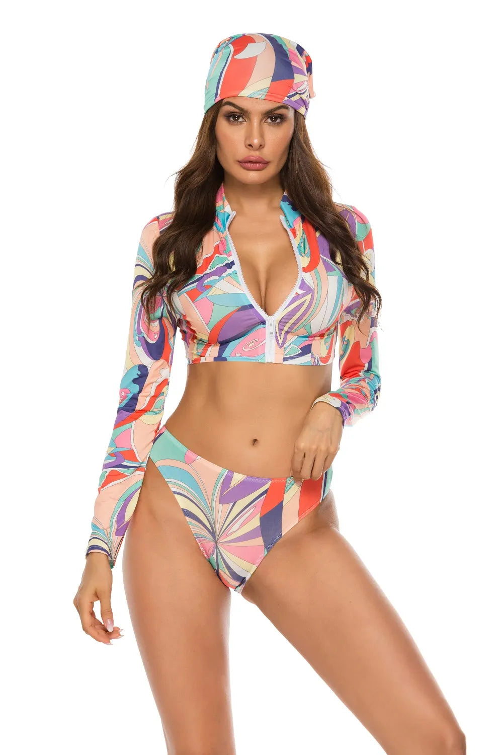 Fashorio Multicolor / S Printed Zip Up Three-Piece Swim Set