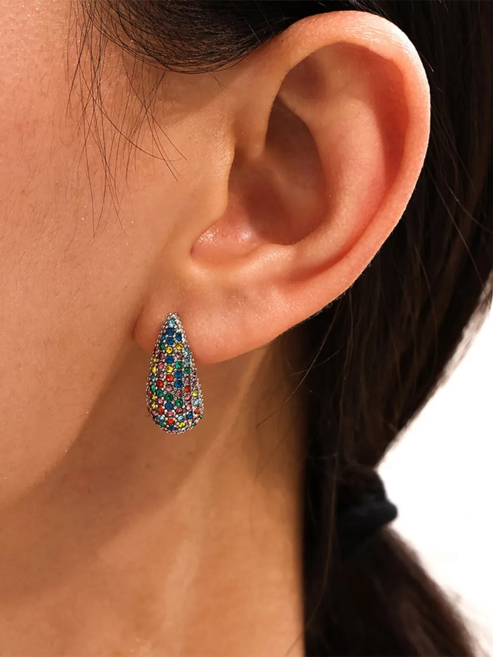 Fashorio Multicolor( silver) / One Size Stainless Steel Inlaid Zircon Teardrop Earrings