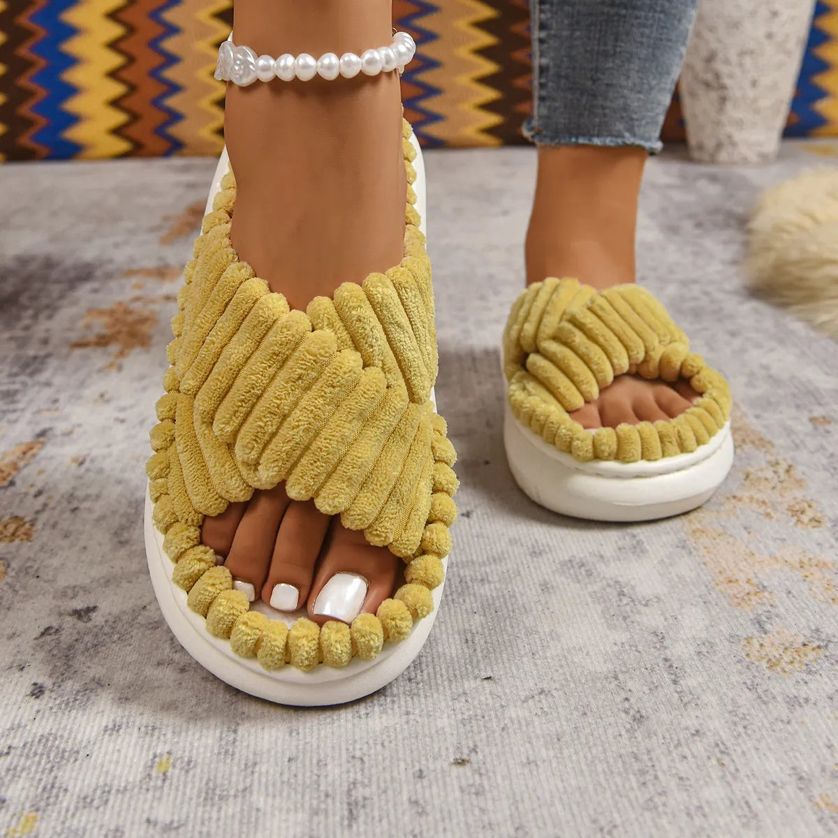 Fashorio Mustard / 36-37 Crisscross Open Toe Platform Slippers
