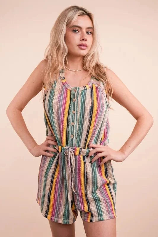 VERY J Crochet Multi Color Striped Casual Summer Romper Natural Mix - Fashorio