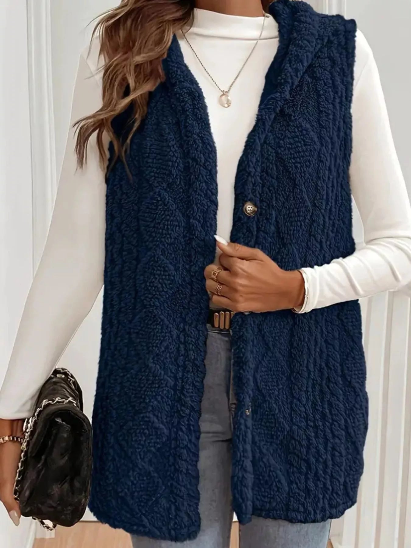 Fashorio Navy Blue / S Button Up Plush Hooded Vest Coat