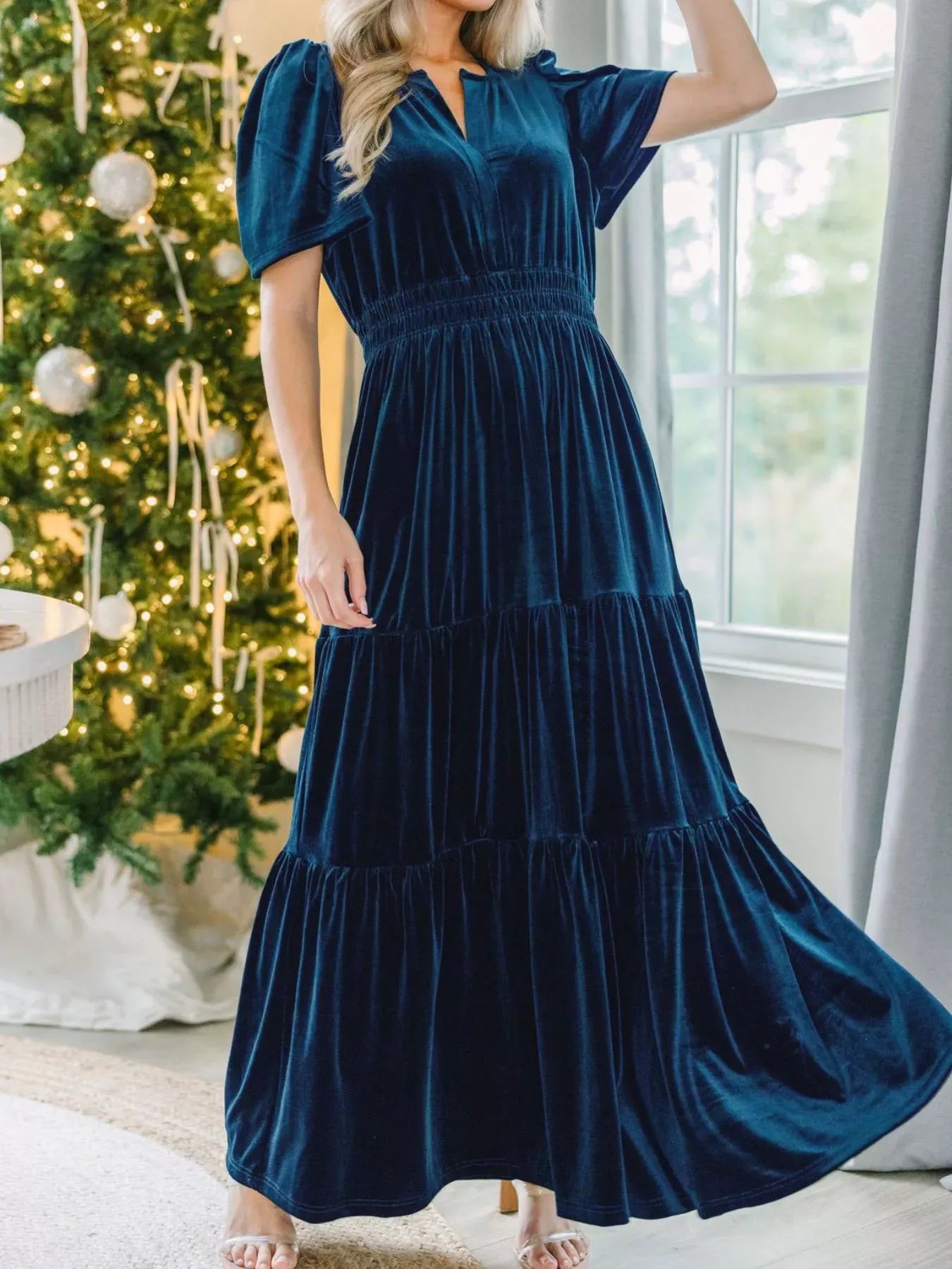 Fashorio Navy Blue / S Velvet Tiered Short Sleeve Maxi Dress