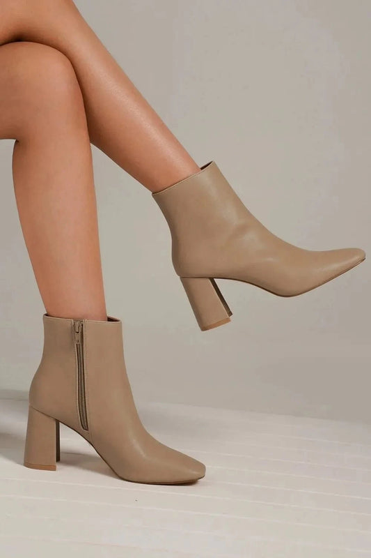 Beast Fashion PU Leather Block Heel Boots with Side Zippers Nude - Fashorio