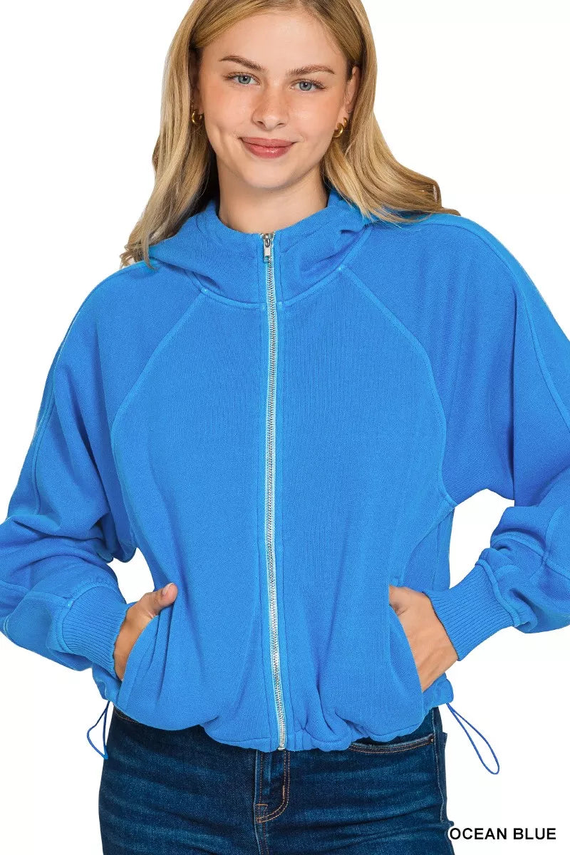 Fashorio OCEAN BLUE / S Zenana Fleece Pigment Dye Zip Up Hoodie with Pockets