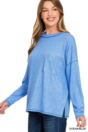 Fashorio OCEAN BLUE / S Zenana Soft Melange Hacci Round-Neck Long Sleeve T-Shirt