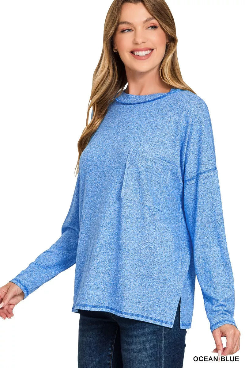 Fashorio OCEAN BLUE / S Zenana Soft Melange Hacci Round-Neck Long Sleeve T-Shirt