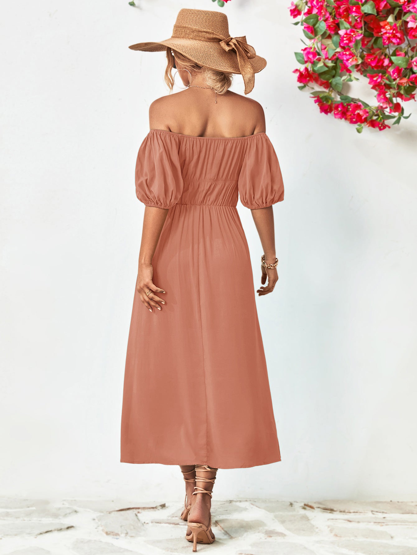 Fashorio Off-Shoulder Balloon Sleeve A-Line Midi Dress