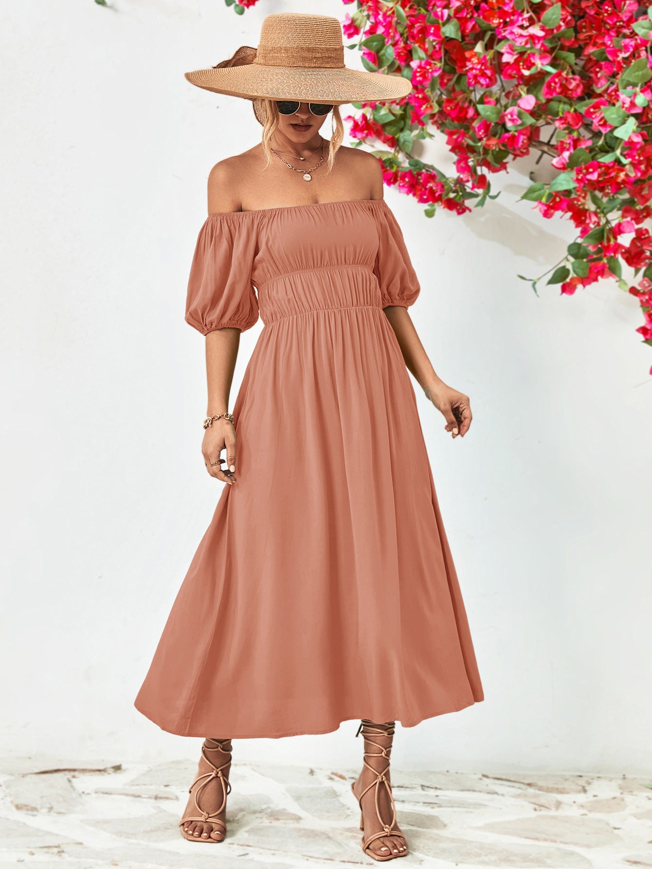 Fashorio Off-Shoulder Balloon Sleeve A-Line Midi Dress