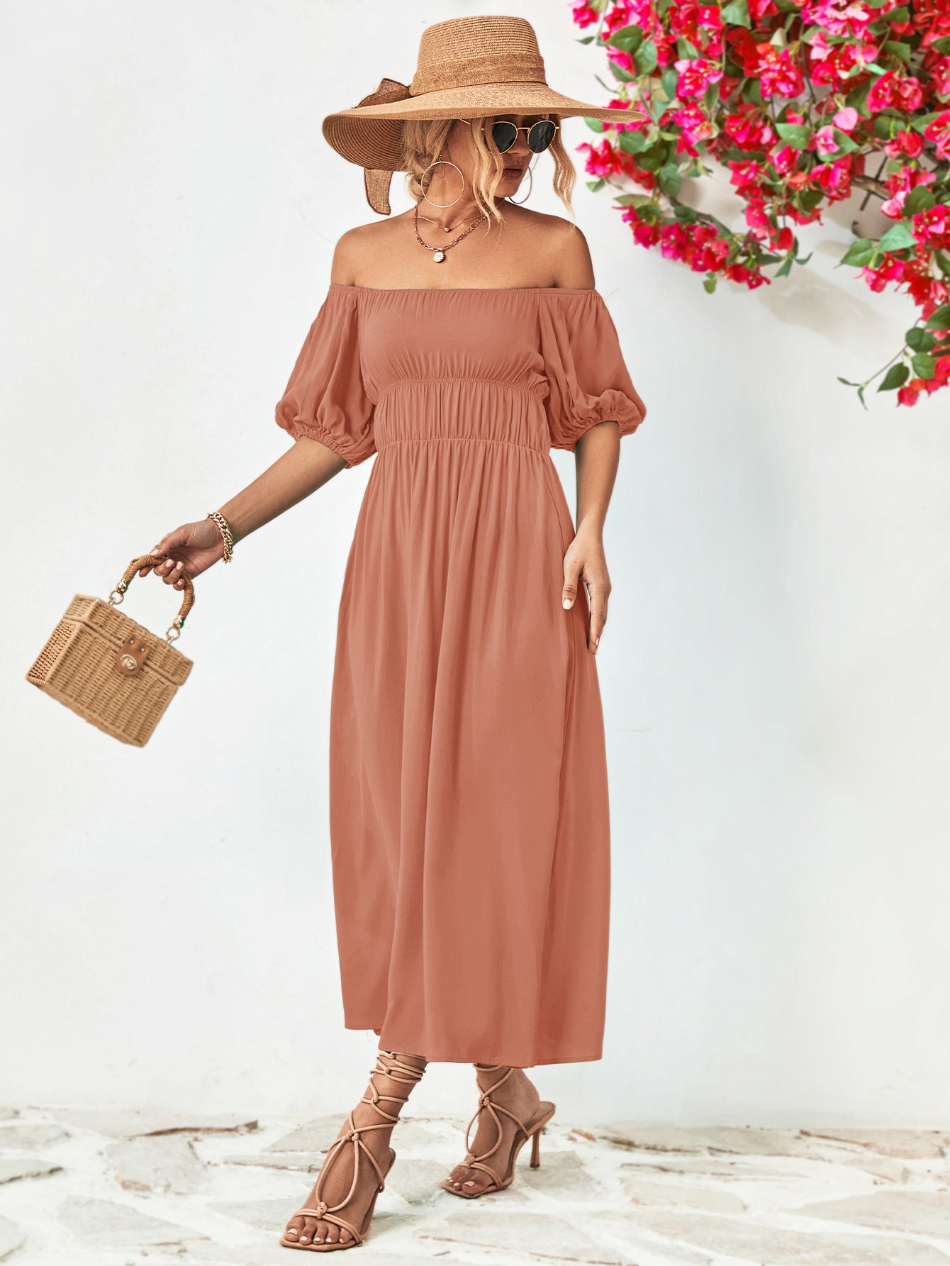 Fashorio Off-Shoulder Balloon Sleeve A-Line Midi Dress
