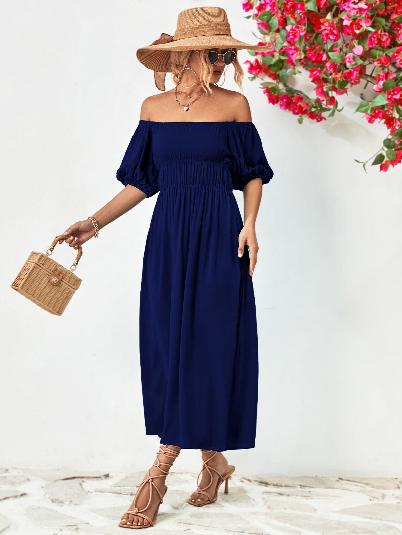 Fashorio Off-Shoulder Balloon Sleeve A-Line Midi Dress