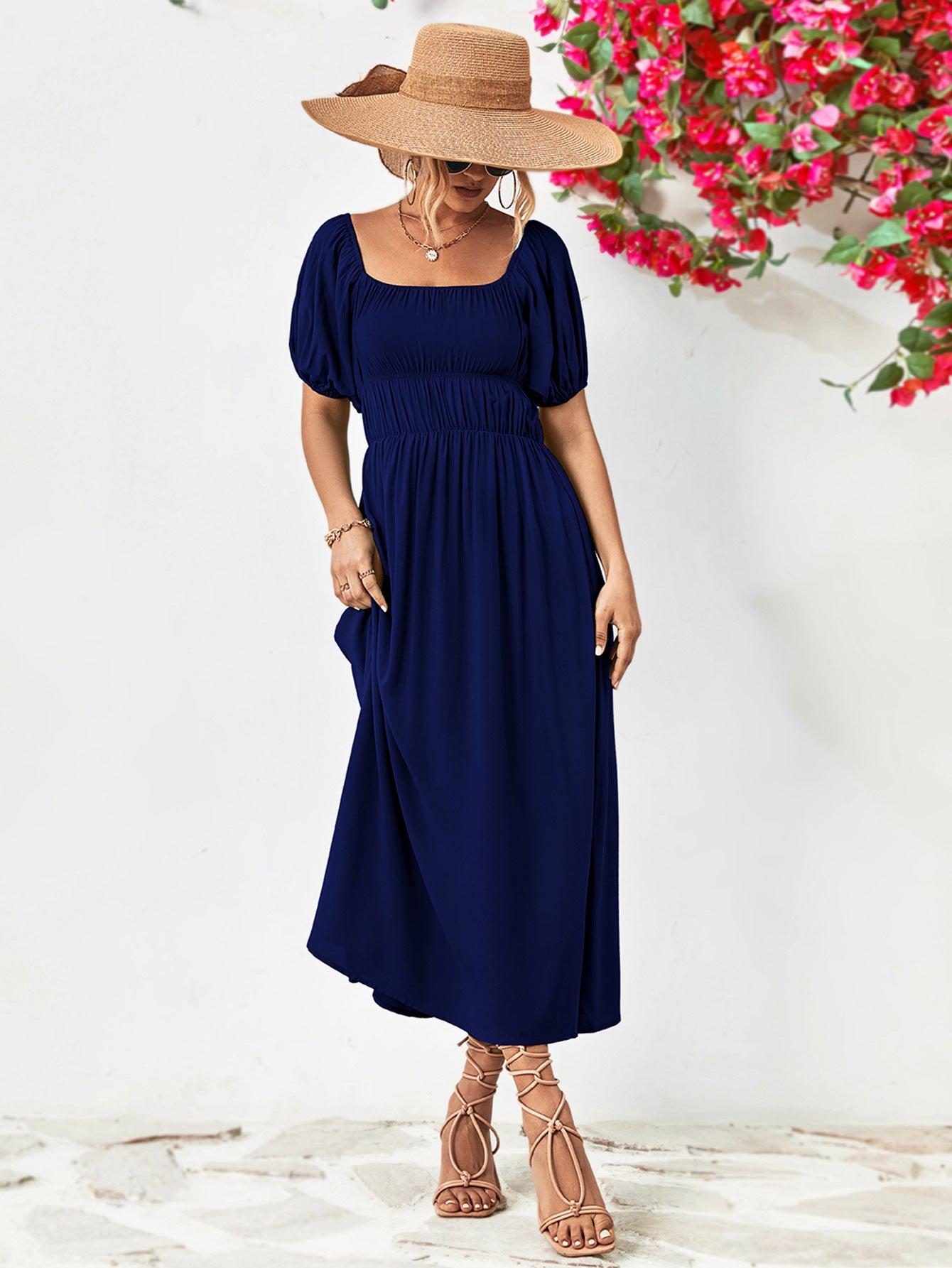 Fashorio Off-Shoulder Balloon Sleeve A-Line Midi Dress