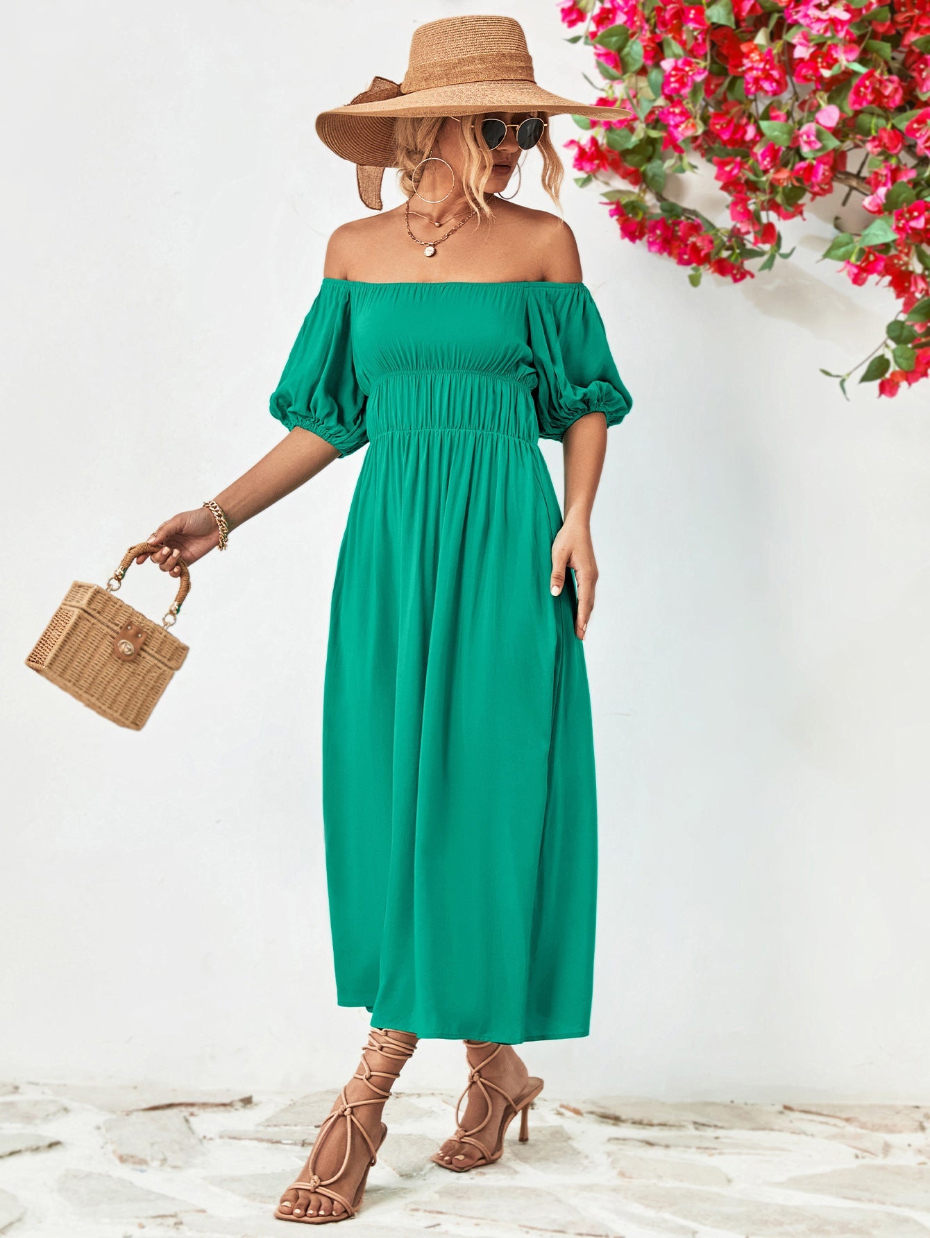 Fashorio Off-Shoulder Balloon Sleeve A-Line Midi Dress