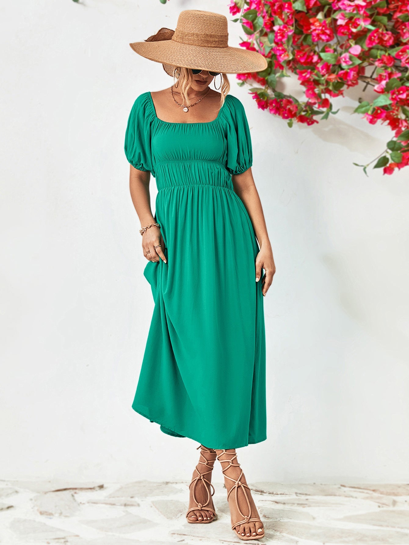 Fashorio Off-Shoulder Balloon Sleeve A-Line Midi Dress