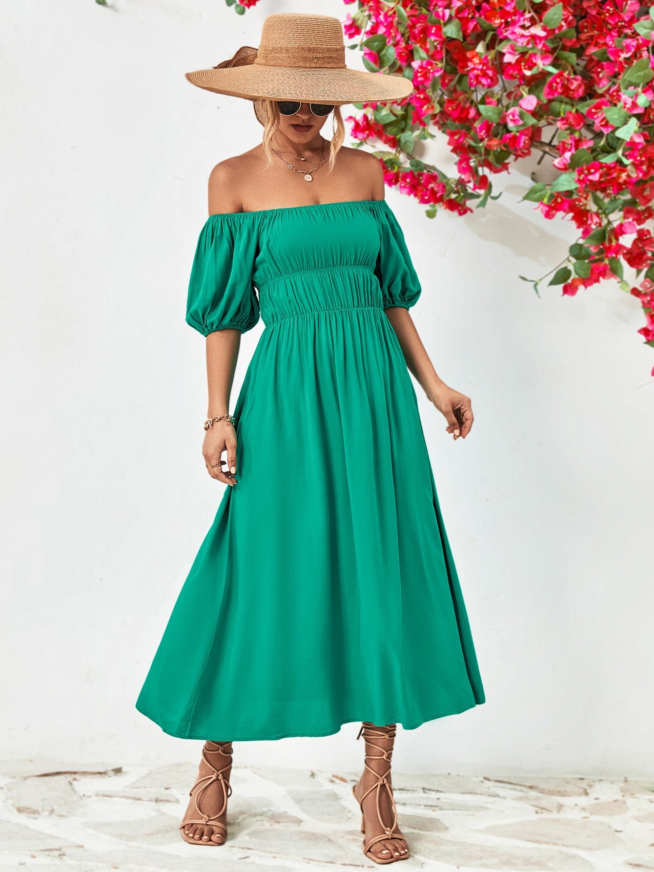Fashorio Off-Shoulder Balloon Sleeve A-Line Midi Dress