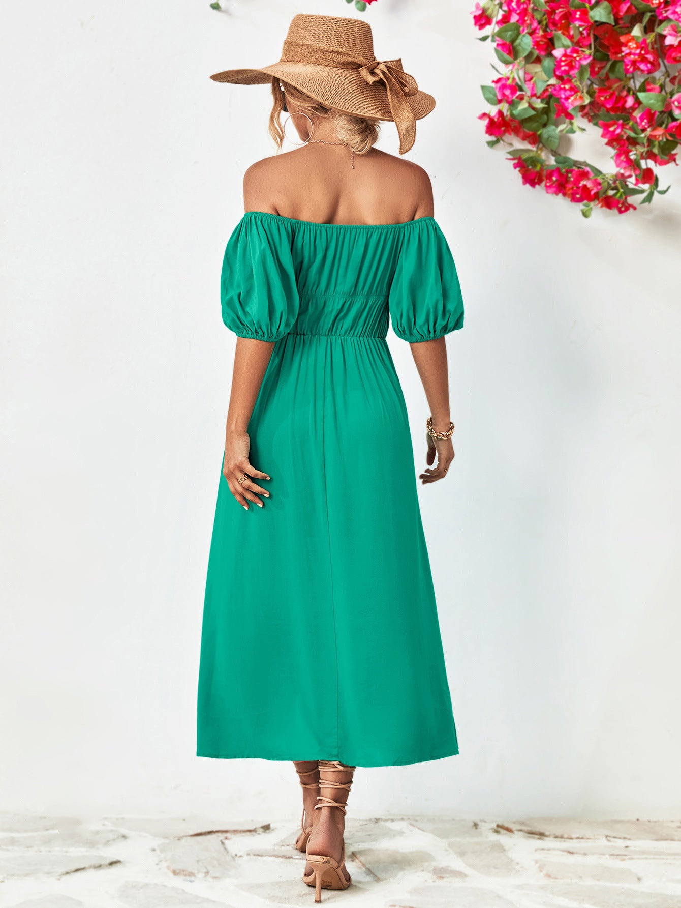 Fashorio Off-Shoulder Balloon Sleeve A-Line Midi Dress