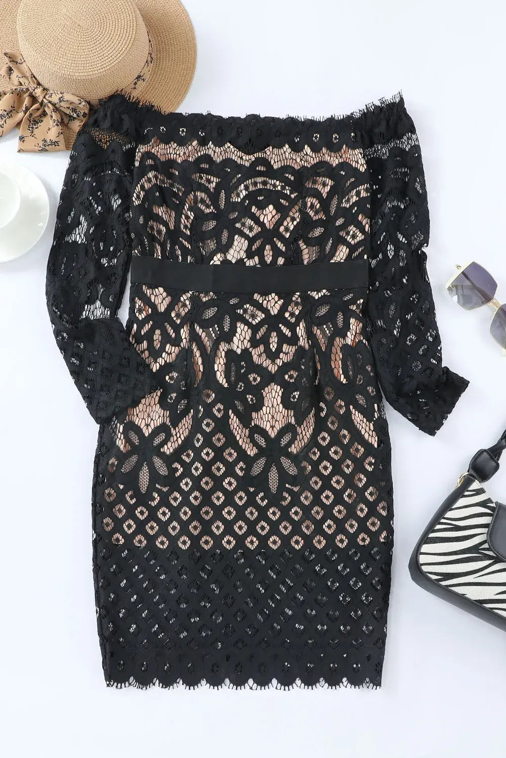 Fashorio Off-Shoulder Long Sleeve Lace Dress