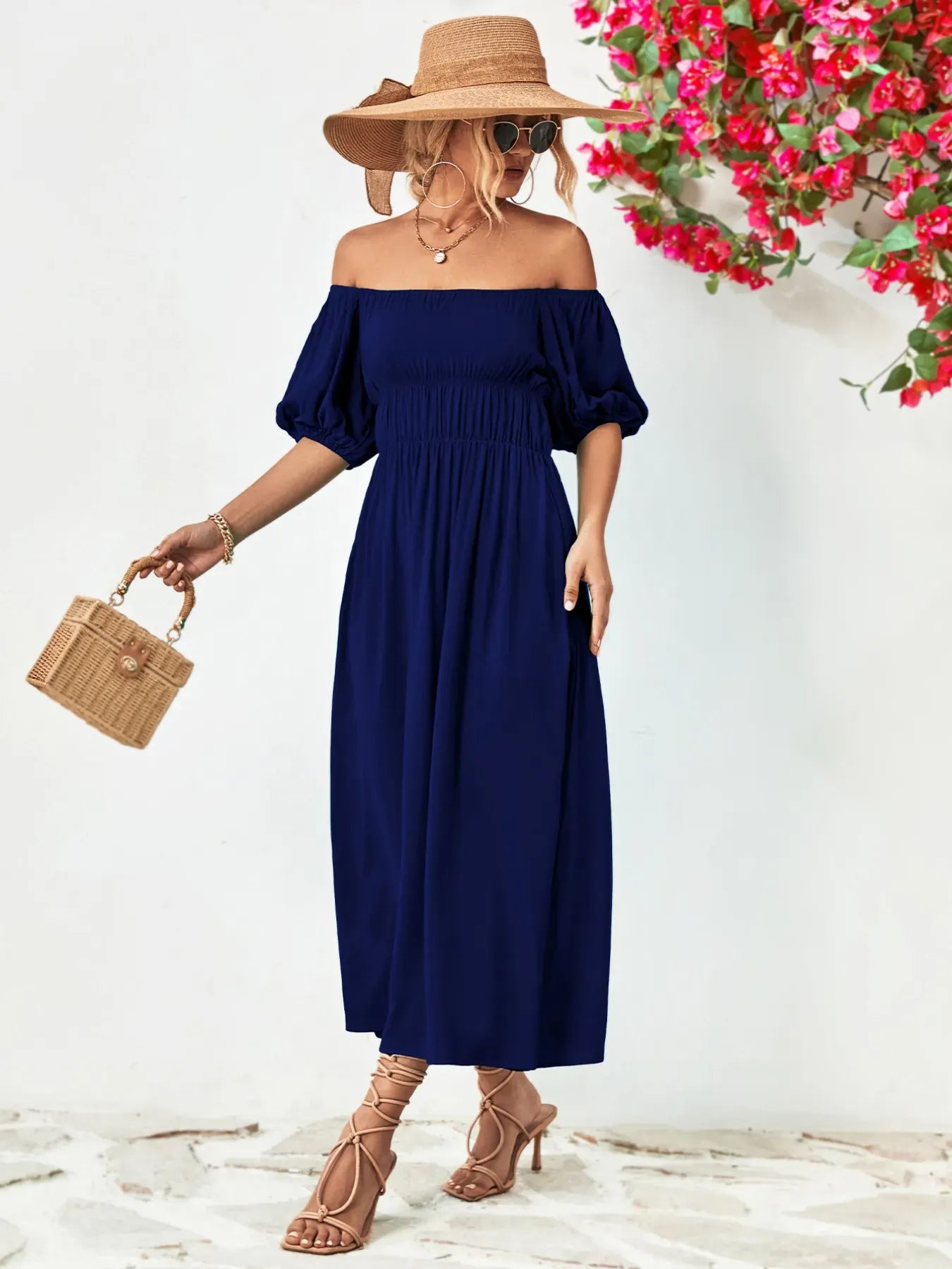 Fashorio Off-Shoulder Puff Sleeve Smocked Maxi Dress